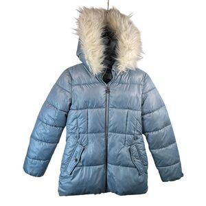 Michael Kors Kids Puffer Coat Faux Fur Hood Winter Jacket Blue Glam Size 14 READ